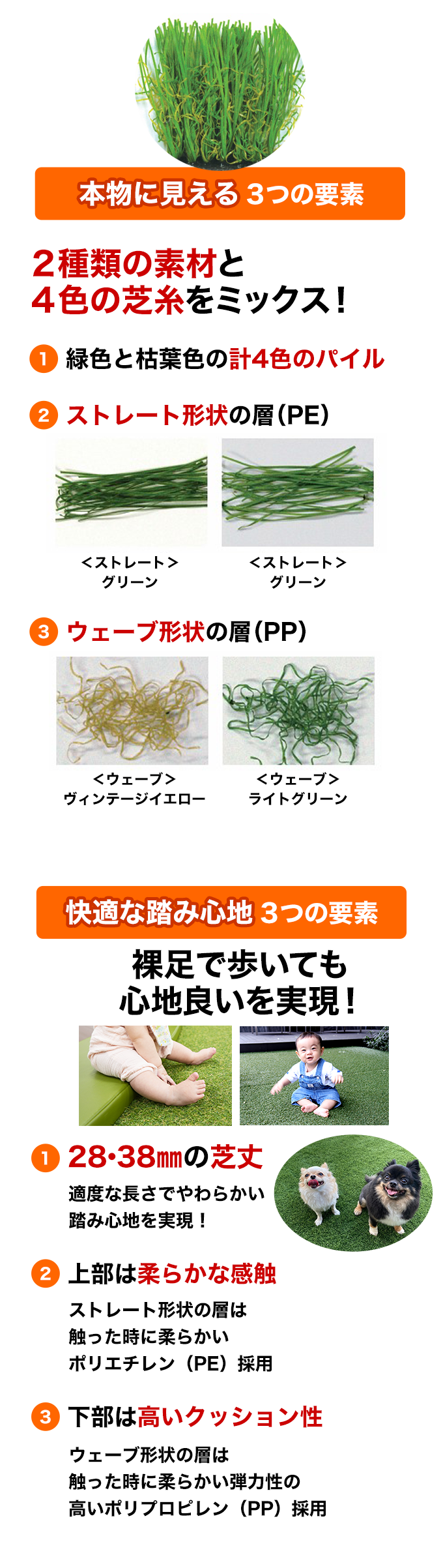 本物に見える３つの要素。快適な踏み心地３つの要素。